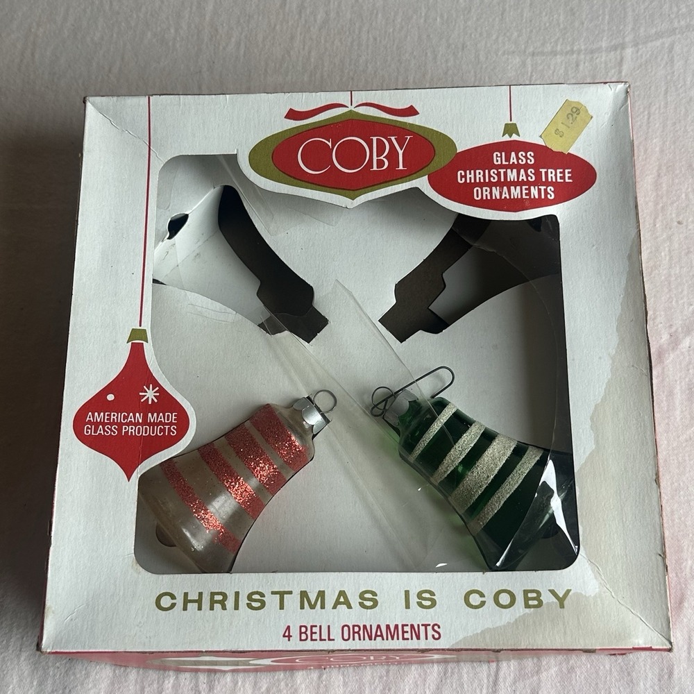 Vintage Coby Glass Christmas Tree Bell Ornaments Original Box American Made